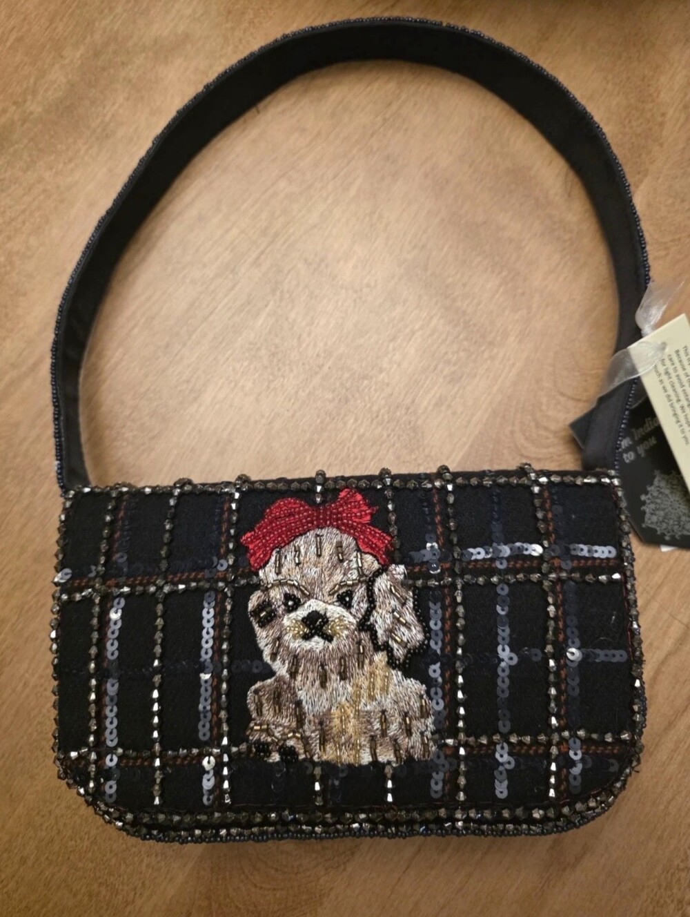From India To You - Handcrafted Beaded Shoulder Bag Dog With Red Bow NWT